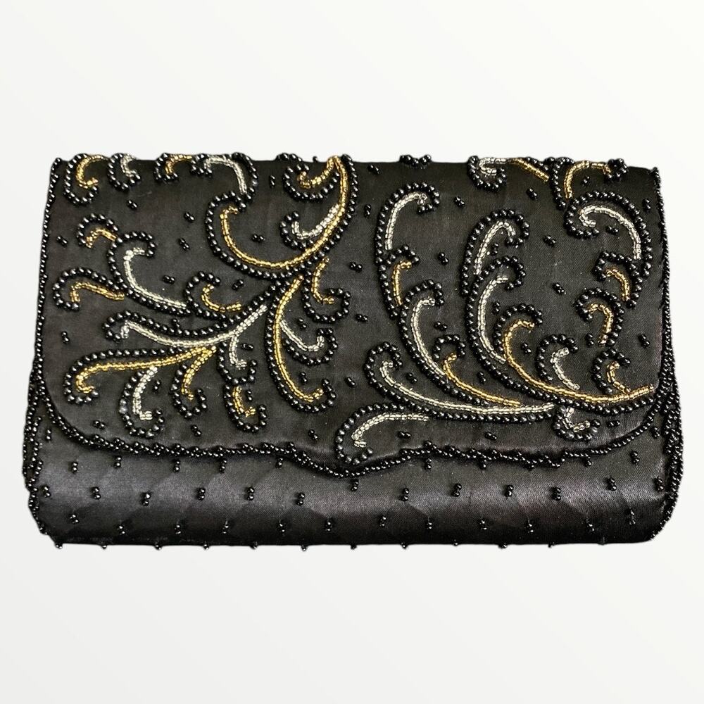 Vintage La Regale Beaded Floral Evening Clutch Black & Gold